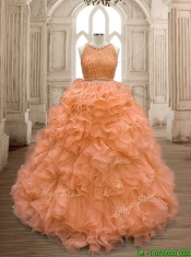 See Through Scoop Beaded and Ruffles Quinceanera Dress in Orange