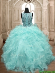 See Through Scoop Beading and Ruffles Quinceanera Dress in Aqua Blue
