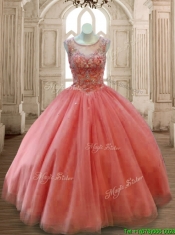 See Through Scoop Beading Quinceanera Dress in Rust Red