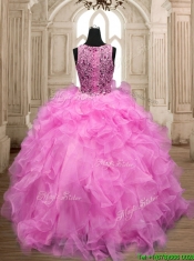 See Through Scoop Hot Pink Sweet 16 Dress with Beading and Ruffles