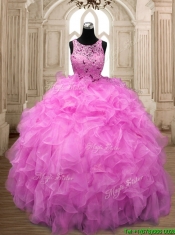 See Through Scoop Hot Pink Sweet 16 Dress with Beading and Ruffles