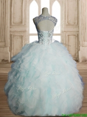 See Through Scoop Light Blue Quinceanera Dress with Beading and Ruffles