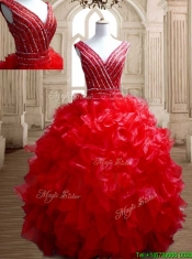 Sexy Deep V Neckline Red Quinceanera Dress with Beading and Ruffles