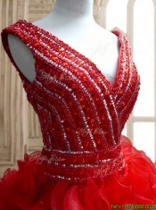 Sexy Deep V Neckline Red Quinceanera Dress with Beading and Ruffles