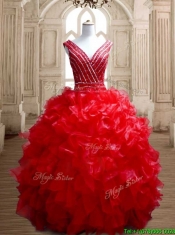 Sexy Deep V Neckline Red Quinceanera Dress with Beading and Ruffles