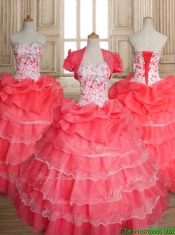 Sweet Beaded and Ruffled Layers Quinceanera Dress in Coral Red
