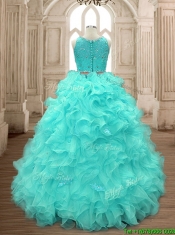 Sweet Two Piece Scoop Mint Quinceanera Dress with Beading and Ruffles