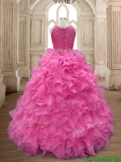Two Piece Scoop Beaded and Ruffles Quinceanera Dress in Organza