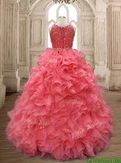 Two Piece Scoop Watermelon Red Quinceanera Dress with Beading and Ruffles