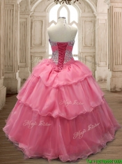 Unique Watermelon Red Organza Quinceanera Dress with Beading and Ruffled Layers