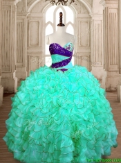 Wonderful Beaded and Ruffled Quinceanera Dress in Turquoise for Spring