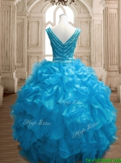 Wonderful Deep V Neckline Beading and Ruffles Sweet 16 Dress in Organza