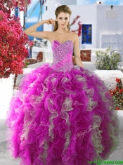 Cheap Fuchsia and White Organza Sweet 16 Dress with Beading and Ruffles