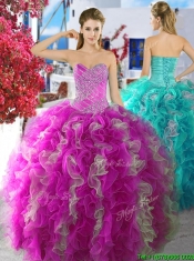 Cheap Fuchsia and White Organza Sweet 16 Dress with Beading and Ruffles