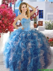 Cheap Fuchsia and White Organza Sweet 16 Dress with Beading and Ruffles