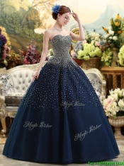 Classical Beaded Bodice Sweet 16 Dress in Navy Blue