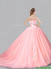 Classical Court Train Belted and Applique Sweet 16 Dress in Baby Pink