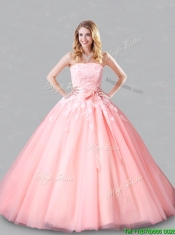 Classical Court Train Belted and Applique Sweet 16 Dress in Baby Pink