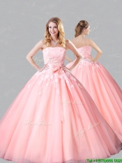Classical Court Train Belted and Applique Sweet 16 Dress in Baby Pink