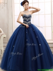 Discount Rhinestoned Really Puffy Quinceanera Dress in Navy Blue