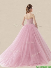 Luxurious Strapless Brush Train Sweet 16 Dress with Lace and Bowknot