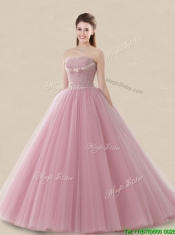 Luxurious Strapless Brush Train Sweet 16 Dress with Lace and Bowknot