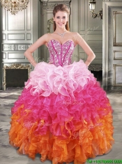 New Gradient Color Big Puffy Sweet 16 Dress with Beading and Ruffles
