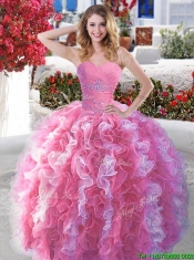 Popular Rose Pink and White Quinceanera Dress with Beading and Ruffles