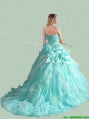 Popular Spaghetti Straps Brush Train Quinceanera Dress with Handcrafted Flowers and Bubbles