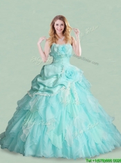 Popular Spaghetti Straps Brush Train Quinceanera Dress with Handcrafted Flowers and Bubbles