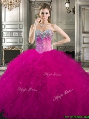 Pretty Beaded and Ruffled Tulle Sweet 16 Dress in Fuchsia