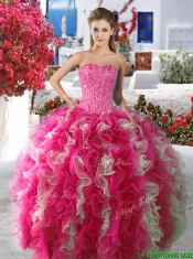 Romantic Rose Pink and White Organza Quinceanera Dress with Beading and Ruffles