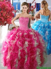 Romantic Rose Pink and White Organza Quinceanera Dress with Beading and Ruffles