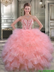 Visible Boning Beaded Bodice and Ruffled Quinceanera Dress in Watermelon Red