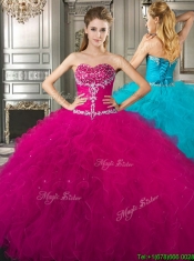 Affordable Beaded and Ruffled Fuchsia Sweet 16 Dress in Tulle