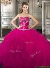 Affordable Beaded and Ruffled Fuchsia Sweet 16 Dress in Tulle