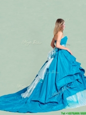 Beautiful Handcrafted Flowers and Ruffled Strapless Quinceanera Dress with Brush Train