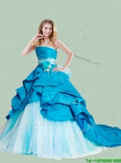 Beautiful Handcrafted Flowers and Ruffled Strapless Quinceanera Dress with Brush Train