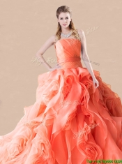 Exclusive Rolling Flowers Orange Red Quinceanera Dress with Brush Train