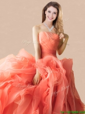 Exclusive Rolling Flowers Orange Red Quinceanera Dress with Brush Train
