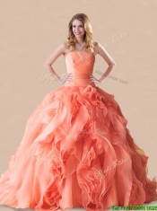 Exclusive Rolling Flowers Orange Red Quinceanera Dress with Brush Train