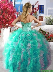 Luxurious Beaded and Ruffled Organza Quinceanera Dress in Blue and White