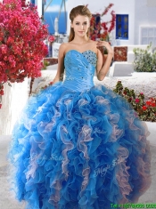 Luxurious Beaded and Ruffled Organza Quinceanera Dress in Blue and White