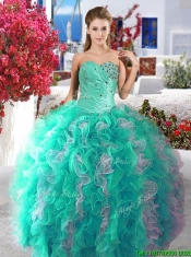 Luxurious Beaded and Ruffled Organza Quinceanera Dress in Blue and White
