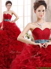 Luxurious Sashed and Ruffled Sweet 16 Dress in Wine Red