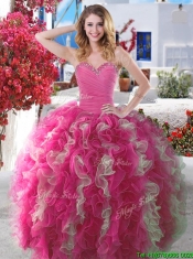 New Arrivals Beaded and Ruffled Quinceanera Gown in Hot Pink and Champagne