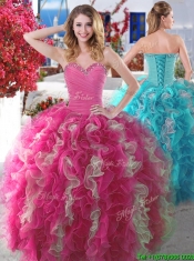 New Arrivals Beaded and Ruffled Quinceanera Gown in Hot Pink and Champagne