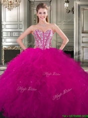 Popular Beaded and Ruffled Big Puffy Sweet 16 Dress in Fuchsia