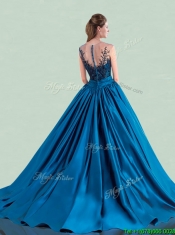 See Through Scoop Brush Train Quinceanera Dress with Cap Sleeves