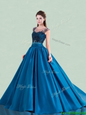 See Through Scoop Brush Train Quinceanera Dress with Cap Sleeves